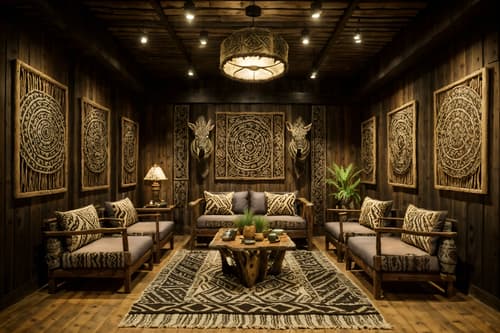 photo from pinterest of tribal-style interior designed (coffee shop interior) . with animal prints and animal furslinen and intricate grass weaving and sculptures and artworks and planks of stone and desert colours and smooth worn timbers and tribal revival. . cinematic photo, highly detailed, cinematic lighting, ultra-detailed, ultrarealistic, photorealism, 8k. trending on pinterest. tribal interior design style. masterpiece, cinematic light, ultrarealistic+, photorealistic+, 8k, raw photo, realistic, sharp focus on eyes, (symmetrical eyes), (intact eyes), hyperrealistic, highest quality, best quality, , highly detailed, masterpiece, best quality, extremely detailed 8k wallpaper, masterpiece, best quality, ultra-detailed, best shadow, detailed background, detailed face, detailed eyes, high contrast, best illumination, detailed face, dulux, caustic, dynamic angle, detailed glow. dramatic lighting. highly detailed, insanely detailed hair, symmetrical, intricate details, professionally retouched, 8k high definition. strong bokeh. award winning photo.