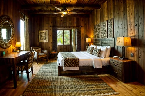 photo from pinterest of tribal-style interior designed (hotel room interior) with accent chair and bedside table or night stand and hotel bathroom and storage bench or ottoman and mirror and working desk with desk chair and dresser closet and night light. . with smooth worn timbers and tribal patterns and planks of stone and animal prints and tribal revival and desert colours and intricate grass weaving and sculptures and artworks. . cinematic photo, highly detailed, cinematic lighting, ultra-detailed, ultrarealistic, photorealism, 8k. trending on pinterest. tribal interior design style. masterpiece, cinematic light, ultrarealistic+, photorealistic+, 8k, raw photo, realistic, sharp focus on eyes, (symmetrical eyes), (intact eyes), hyperrealistic, highest quality, best quality, , highly detailed, masterpiece, best quality, extremely detailed 8k wallpaper, masterpiece, best quality, ultra-detailed, best shadow, detailed background, detailed face, detailed eyes, high contrast, best illumination, detailed face, dulux, caustic, dynamic angle, detailed glow. dramatic lighting. highly detailed, insanely detailed hair, symmetrical, intricate details, professionally retouched, 8k high definition. strong bokeh. award winning photo.