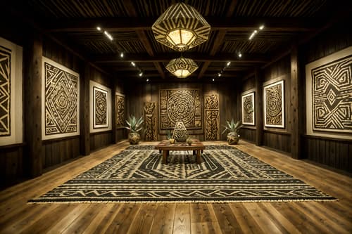 photo from pinterest of tribal-style interior designed (exhibition space interior) . with tribal patterns and sculptures and artworks and tribal revival and desert colours and exuberant splashes of colour and animal prints and planks of stone and intricate grass weaving. . cinematic photo, highly detailed, cinematic lighting, ultra-detailed, ultrarealistic, photorealism, 8k. trending on pinterest. tribal interior design style. masterpiece, cinematic light, ultrarealistic+, photorealistic+, 8k, raw photo, realistic, sharp focus on eyes, (symmetrical eyes), (intact eyes), hyperrealistic, highest quality, best quality, , highly detailed, masterpiece, best quality, extremely detailed 8k wallpaper, masterpiece, best quality, ultra-detailed, best shadow, detailed background, detailed face, detailed eyes, high contrast, best illumination, detailed face, dulux, caustic, dynamic angle, detailed glow. dramatic lighting. highly detailed, insanely detailed hair, symmetrical, intricate details, professionally retouched, 8k high definition. strong bokeh. award winning photo.