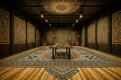 photo from pinterest of tribal-style interior designed (exhibition space interior) . with tribal patterns and sculptures and artworks and tribal revival and desert colours and exuberant splashes of colour and animal prints and planks of stone and intricate grass weaving. . cinematic photo, highly detailed, cinematic lighting, ultra-detailed, ultrarealistic, photorealism, 8k. trending on pinterest. tribal interior design style. masterpiece, cinematic light, ultrarealistic+, photorealistic+, 8k, raw photo, realistic, sharp focus on eyes, (symmetrical eyes), (intact eyes), hyperrealistic, highest quality, best quality, , highly detailed, masterpiece, best quality, extremely detailed 8k wallpaper, masterpiece, best quality, ultra-detailed, best shadow, detailed background, detailed face, detailed eyes, high contrast, best illumination, detailed face, dulux, caustic, dynamic angle, detailed glow. dramatic lighting. highly detailed, insanely detailed hair, symmetrical, intricate details, professionally retouched, 8k high definition. strong bokeh. award winning photo.