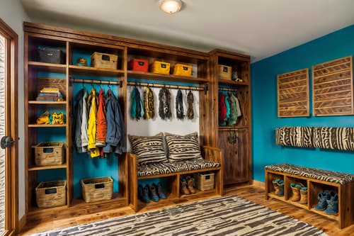 photo from pinterest of tribal-style interior designed (drop zone interior) with storage baskets and shelves for shoes and cubbies and a bench and lockers and cabinets and high up storage and wall hooks for coats. . with smooth worn timbers and animal furslinen and exuberant splashes of colour and planks of stone and animal prints and desert colours and tribal patterns and sculptures and artworks. . cinematic photo, highly detailed, cinematic lighting, ultra-detailed, ultrarealistic, photorealism, 8k. trending on pinterest. tribal interior design style. masterpiece, cinematic light, ultrarealistic+, photorealistic+, 8k, raw photo, realistic, sharp focus on eyes, (symmetrical eyes), (intact eyes), hyperrealistic, highest quality, best quality, , highly detailed, masterpiece, best quality, extremely detailed 8k wallpaper, masterpiece, best quality, ultra-detailed, best shadow, detailed background, detailed face, detailed eyes, high contrast, best illumination, detailed face, dulux, caustic, dynamic angle, detailed glow. dramatic lighting. highly detailed, insanely detailed hair, symmetrical, intricate details, professionally retouched, 8k high definition. strong bokeh. award winning photo.