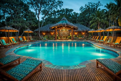 photo from pinterest of tribal-style designed (outdoor pool area ) with pool and pool lounge chairs and pool lights and pool. . with tribal patterns and animal furslinen and smooth worn timbers and planks of stone and hand dyed batik fabrics and exuberant splashes of colour and sculptures and artworks and animal prints. . cinematic photo, highly detailed, cinematic lighting, ultra-detailed, ultrarealistic, photorealism, 8k. trending on pinterest. tribal design style. masterpiece, cinematic light, ultrarealistic+, photorealistic+, 8k, raw photo, realistic, sharp focus on eyes, (symmetrical eyes), (intact eyes), hyperrealistic, highest quality, best quality, , highly detailed, masterpiece, best quality, extremely detailed 8k wallpaper, masterpiece, best quality, ultra-detailed, best shadow, detailed background, detailed face, detailed eyes, high contrast, best illumination, detailed face, dulux, caustic, dynamic angle, detailed glow. dramatic lighting. highly detailed, insanely detailed hair, symmetrical, intricate details, professionally retouched, 8k high definition. strong bokeh. award winning photo.