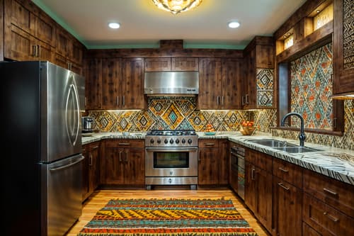 photo from pinterest of tribal-style interior designed (kitchen interior) with refrigerator and plant and kitchen cabinets and worktops and stove and sink and refrigerator. . with animal furslinen and exuberant splashes of colour and desert colours and tribal patterns and animal prints and tribal revival and sculptures and artworks and planks of stone. . cinematic photo, highly detailed, cinematic lighting, ultra-detailed, ultrarealistic, photorealism, 8k. trending on pinterest. tribal interior design style. masterpiece, cinematic light, ultrarealistic+, photorealistic+, 8k, raw photo, realistic, sharp focus on eyes, (symmetrical eyes), (intact eyes), hyperrealistic, highest quality, best quality, , highly detailed, masterpiece, best quality, extremely detailed 8k wallpaper, masterpiece, best quality, ultra-detailed, best shadow, detailed background, detailed face, detailed eyes, high contrast, best illumination, detailed face, dulux, caustic, dynamic angle, detailed glow. dramatic lighting. highly detailed, insanely detailed hair, symmetrical, intricate details, professionally retouched, 8k high definition. strong bokeh. award winning photo.