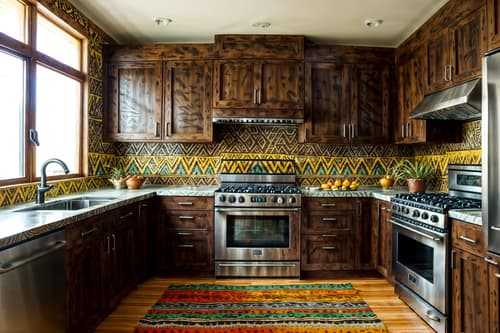 photo from pinterest of tribal-style interior designed (kitchen interior) with refrigerator and plant and kitchen cabinets and worktops and stove and sink and refrigerator. . with animal furslinen and exuberant splashes of colour and desert colours and tribal patterns and animal prints and tribal revival and sculptures and artworks and planks of stone. . cinematic photo, highly detailed, cinematic lighting, ultra-detailed, ultrarealistic, photorealism, 8k. trending on pinterest. tribal interior design style. masterpiece, cinematic light, ultrarealistic+, photorealistic+, 8k, raw photo, realistic, sharp focus on eyes, (symmetrical eyes), (intact eyes), hyperrealistic, highest quality, best quality, , highly detailed, masterpiece, best quality, extremely detailed 8k wallpaper, masterpiece, best quality, ultra-detailed, best shadow, detailed background, detailed face, detailed eyes, high contrast, best illumination, detailed face, dulux, caustic, dynamic angle, detailed glow. dramatic lighting. highly detailed, insanely detailed hair, symmetrical, intricate details, professionally retouched, 8k high definition. strong bokeh. award winning photo.