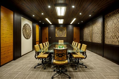 photo from pinterest of tribal-style interior designed (meeting room interior) with glass doors and vase and glass walls and boardroom table and painting or photo on wall and plant and office chairs and cabinets. . with animal prints and tribal patterns and animal furslinen and tribal revival and exuberant splashes of colour and planks of stone and desert colours and smooth worn timbers. . cinematic photo, highly detailed, cinematic lighting, ultra-detailed, ultrarealistic, photorealism, 8k. trending on pinterest. tribal interior design style. masterpiece, cinematic light, ultrarealistic+, photorealistic+, 8k, raw photo, realistic, sharp focus on eyes, (symmetrical eyes), (intact eyes), hyperrealistic, highest quality, best quality, , highly detailed, masterpiece, best quality, extremely detailed 8k wallpaper, masterpiece, best quality, ultra-detailed, best shadow, detailed background, detailed face, detailed eyes, high contrast, best illumination, detailed face, dulux, caustic, dynamic angle, detailed glow. dramatic lighting. highly detailed, insanely detailed hair, symmetrical, intricate details, professionally retouched, 8k high definition. strong bokeh. award winning photo.