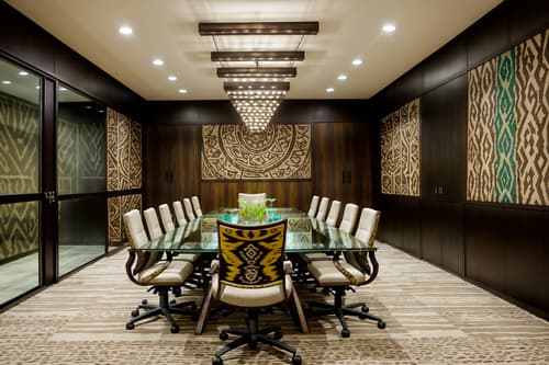 photo from pinterest of tribal-style interior designed (meeting room interior) with glass doors and vase and glass walls and boardroom table and painting or photo on wall and plant and office chairs and cabinets. . with animal prints and tribal patterns and animal furslinen and tribal revival and exuberant splashes of colour and planks of stone and desert colours and smooth worn timbers. . cinematic photo, highly detailed, cinematic lighting, ultra-detailed, ultrarealistic, photorealism, 8k. trending on pinterest. tribal interior design style. masterpiece, cinematic light, ultrarealistic+, photorealistic+, 8k, raw photo, realistic, sharp focus on eyes, (symmetrical eyes), (intact eyes), hyperrealistic, highest quality, best quality, , highly detailed, masterpiece, best quality, extremely detailed 8k wallpaper, masterpiece, best quality, ultra-detailed, best shadow, detailed background, detailed face, detailed eyes, high contrast, best illumination, detailed face, dulux, caustic, dynamic angle, detailed glow. dramatic lighting. highly detailed, insanely detailed hair, symmetrical, intricate details, professionally retouched, 8k high definition. strong bokeh. award winning photo.