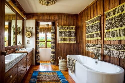photo from pinterest of tribal-style interior designed (hotel bathroom interior) with bathroom cabinet and mirror and shower and bathroom sink with faucet and bath towel and bathtub and bath rail and waste basket. . with tribal patterns and desert colours and smooth worn timbers and exuberant splashes of colour and hand dyed batik fabrics and tribal revival and animal prints and animal furslinen. . cinematic photo, highly detailed, cinematic lighting, ultra-detailed, ultrarealistic, photorealism, 8k. trending on pinterest. tribal interior design style. masterpiece, cinematic light, ultrarealistic+, photorealistic+, 8k, raw photo, realistic, sharp focus on eyes, (symmetrical eyes), (intact eyes), hyperrealistic, highest quality, best quality, , highly detailed, masterpiece, best quality, extremely detailed 8k wallpaper, masterpiece, best quality, ultra-detailed, best shadow, detailed background, detailed face, detailed eyes, high contrast, best illumination, detailed face, dulux, caustic, dynamic angle, detailed glow. dramatic lighting. highly detailed, insanely detailed hair, symmetrical, intricate details, professionally retouched, 8k high definition. strong bokeh. award winning photo.