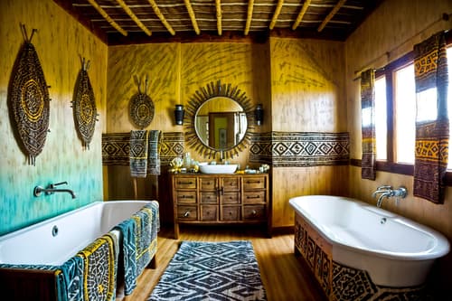photo from pinterest of tribal-style interior designed (hotel bathroom interior) with bathroom cabinet and mirror and shower and bathroom sink with faucet and bath towel and bathtub and bath rail and waste basket. . with tribal patterns and desert colours and smooth worn timbers and exuberant splashes of colour and hand dyed batik fabrics and tribal revival and animal prints and animal furslinen. . cinematic photo, highly detailed, cinematic lighting, ultra-detailed, ultrarealistic, photorealism, 8k. trending on pinterest. tribal interior design style. masterpiece, cinematic light, ultrarealistic+, photorealistic+, 8k, raw photo, realistic, sharp focus on eyes, (symmetrical eyes), (intact eyes), hyperrealistic, highest quality, best quality, , highly detailed, masterpiece, best quality, extremely detailed 8k wallpaper, masterpiece, best quality, ultra-detailed, best shadow, detailed background, detailed face, detailed eyes, high contrast, best illumination, detailed face, dulux, caustic, dynamic angle, detailed glow. dramatic lighting. highly detailed, insanely detailed hair, symmetrical, intricate details, professionally retouched, 8k high definition. strong bokeh. award winning photo.