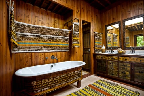 photo from pinterest of tribal-style interior designed (hotel bathroom interior) with bathroom cabinet and mirror and shower and bathroom sink with faucet and bath towel and bathtub and bath rail and waste basket. . with tribal patterns and desert colours and smooth worn timbers and exuberant splashes of colour and hand dyed batik fabrics and tribal revival and animal prints and animal furslinen. . cinematic photo, highly detailed, cinematic lighting, ultra-detailed, ultrarealistic, photorealism, 8k. trending on pinterest. tribal interior design style. masterpiece, cinematic light, ultrarealistic+, photorealistic+, 8k, raw photo, realistic, sharp focus on eyes, (symmetrical eyes), (intact eyes), hyperrealistic, highest quality, best quality, , highly detailed, masterpiece, best quality, extremely detailed 8k wallpaper, masterpiece, best quality, ultra-detailed, best shadow, detailed background, detailed face, detailed eyes, high contrast, best illumination, detailed face, dulux, caustic, dynamic angle, detailed glow. dramatic lighting. highly detailed, insanely detailed hair, symmetrical, intricate details, professionally retouched, 8k high definition. strong bokeh. award winning photo.