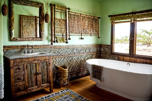 photo from pinterest of tribal-style interior designed (hotel bathroom interior) with bathroom cabinet and mirror and shower and bathroom sink with faucet and bath towel and bathtub and bath rail and waste basket. . with tribal patterns and desert colours and smooth worn timbers and exuberant splashes of colour and hand dyed batik fabrics and tribal revival and animal prints and animal furslinen. . cinematic photo, highly detailed, cinematic lighting, ultra-detailed, ultrarealistic, photorealism, 8k. trending on pinterest. tribal interior design style. masterpiece, cinematic light, ultrarealistic+, photorealistic+, 8k, raw photo, realistic, sharp focus on eyes, (symmetrical eyes), (intact eyes), hyperrealistic, highest quality, best quality, , highly detailed, masterpiece, best quality, extremely detailed 8k wallpaper, masterpiece, best quality, ultra-detailed, best shadow, detailed background, detailed face, detailed eyes, high contrast, best illumination, detailed face, dulux, caustic, dynamic angle, detailed glow. dramatic lighting. highly detailed, insanely detailed hair, symmetrical, intricate details, professionally retouched, 8k high definition. strong bokeh. award winning photo.