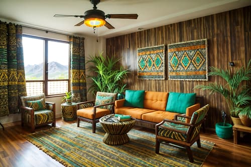 photo from pinterest of tribal-style interior designed (office interior) with cabinets and desk lamps and office desks and plants and computer desks and windows and seating area with sofa and lounge chairs. . with tribal revival and exuberant splashes of colour and intricate grass weaving and desert colours and planks of stone and animal prints and hand dyed batik fabrics and sculptures and artworks. . cinematic photo, highly detailed, cinematic lighting, ultra-detailed, ultrarealistic, photorealism, 8k. trending on pinterest. tribal interior design style. masterpiece, cinematic light, ultrarealistic+, photorealistic+, 8k, raw photo, realistic, sharp focus on eyes, (symmetrical eyes), (intact eyes), hyperrealistic, highest quality, best quality, , highly detailed, masterpiece, best quality, extremely detailed 8k wallpaper, masterpiece, best quality, ultra-detailed, best shadow, detailed background, detailed face, detailed eyes, high contrast, best illumination, detailed face, dulux, caustic, dynamic angle, detailed glow. dramatic lighting. highly detailed, insanely detailed hair, symmetrical, intricate details, professionally retouched, 8k high definition. strong bokeh. award winning photo.