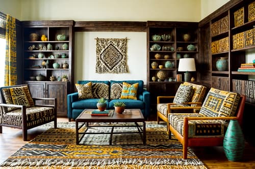 photo from pinterest of tribal-style interior designed (living room interior) with chairs and occasional tables and televisions and bookshelves and rug and coffee tables and sofa and plant. . with animal prints and desert colours and animal furslinen and exuberant splashes of colour and planks of stone and tribal patterns and tribal revival and hand dyed batik fabrics. . cinematic photo, highly detailed, cinematic lighting, ultra-detailed, ultrarealistic, photorealism, 8k. trending on pinterest. tribal interior design style. masterpiece, cinematic light, ultrarealistic+, photorealistic+, 8k, raw photo, realistic, sharp focus on eyes, (symmetrical eyes), (intact eyes), hyperrealistic, highest quality, best quality, , highly detailed, masterpiece, best quality, extremely detailed 8k wallpaper, masterpiece, best quality, ultra-detailed, best shadow, detailed background, detailed face, detailed eyes, high contrast, best illumination, detailed face, dulux, caustic, dynamic angle, detailed glow. dramatic lighting. highly detailed, insanely detailed hair, symmetrical, intricate details, professionally retouched, 8k high definition. strong bokeh. award winning photo.