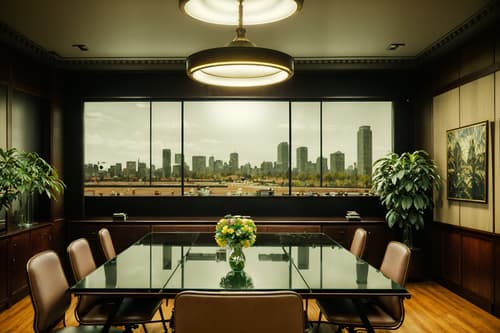 photo from pinterest of vintage-style interior designed (meeting room interior) with boardroom table and vase and painting or photo on wall and glass doors and cabinets and office chairs and glass walls and plant. . with . . cinematic photo, highly detailed, cinematic lighting, ultra-detailed, ultrarealistic, photorealism, 8k. trending on pinterest. vintage interior design style. masterpiece, cinematic light, ultrarealistic+, photorealistic+, 8k, raw photo, realistic, sharp focus on eyes, (symmetrical eyes), (intact eyes), hyperrealistic, highest quality, best quality, , highly detailed, masterpiece, best quality, extremely detailed 8k wallpaper, masterpiece, best quality, ultra-detailed, best shadow, detailed background, detailed face, detailed eyes, high contrast, best illumination, detailed face, dulux, caustic, dynamic angle, detailed glow. dramatic lighting. highly detailed, insanely detailed hair, symmetrical, intricate details, professionally retouched, 8k high definition. strong bokeh. award winning photo.