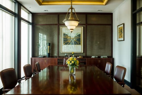 photo from pinterest of vintage-style interior designed (meeting room interior) with boardroom table and vase and painting or photo on wall and glass doors and cabinets and office chairs and glass walls and plant. . with . . cinematic photo, highly detailed, cinematic lighting, ultra-detailed, ultrarealistic, photorealism, 8k. trending on pinterest. vintage interior design style. masterpiece, cinematic light, ultrarealistic+, photorealistic+, 8k, raw photo, realistic, sharp focus on eyes, (symmetrical eyes), (intact eyes), hyperrealistic, highest quality, best quality, , highly detailed, masterpiece, best quality, extremely detailed 8k wallpaper, masterpiece, best quality, ultra-detailed, best shadow, detailed background, detailed face, detailed eyes, high contrast, best illumination, detailed face, dulux, caustic, dynamic angle, detailed glow. dramatic lighting. highly detailed, insanely detailed hair, symmetrical, intricate details, professionally retouched, 8k high definition. strong bokeh. award winning photo.