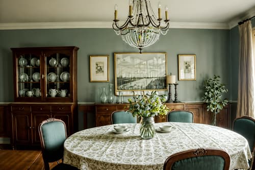 photo from pinterest of vintage-style interior designed (dining room interior) with dining table chairs and vase and plates, cutlery and glasses on dining table and dining table and light or chandelier and bookshelves and table cloth and painting or photo on wall. . with . . cinematic photo, highly detailed, cinematic lighting, ultra-detailed, ultrarealistic, photorealism, 8k. trending on pinterest. vintage interior design style. masterpiece, cinematic light, ultrarealistic+, photorealistic+, 8k, raw photo, realistic, sharp focus on eyes, (symmetrical eyes), (intact eyes), hyperrealistic, highest quality, best quality, , highly detailed, masterpiece, best quality, extremely detailed 8k wallpaper, masterpiece, best quality, ultra-detailed, best shadow, detailed background, detailed face, detailed eyes, high contrast, best illumination, detailed face, dulux, caustic, dynamic angle, detailed glow. dramatic lighting. highly detailed, insanely detailed hair, symmetrical, intricate details, professionally retouched, 8k high definition. strong bokeh. award winning photo.