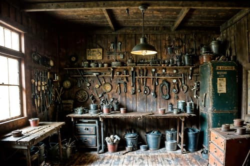 photo from pinterest of vintage-style interior designed (workshop interior) with messy and wooden workbench and tool wall and messy. . with . . cinematic photo, highly detailed, cinematic lighting, ultra-detailed, ultrarealistic, photorealism, 8k. trending on pinterest. vintage interior design style. masterpiece, cinematic light, ultrarealistic+, photorealistic+, 8k, raw photo, realistic, sharp focus on eyes, (symmetrical eyes), (intact eyes), hyperrealistic, highest quality, best quality, , highly detailed, masterpiece, best quality, extremely detailed 8k wallpaper, masterpiece, best quality, ultra-detailed, best shadow, detailed background, detailed face, detailed eyes, high contrast, best illumination, detailed face, dulux, caustic, dynamic angle, detailed glow. dramatic lighting. highly detailed, insanely detailed hair, symmetrical, intricate details, professionally retouched, 8k high definition. strong bokeh. award winning photo.