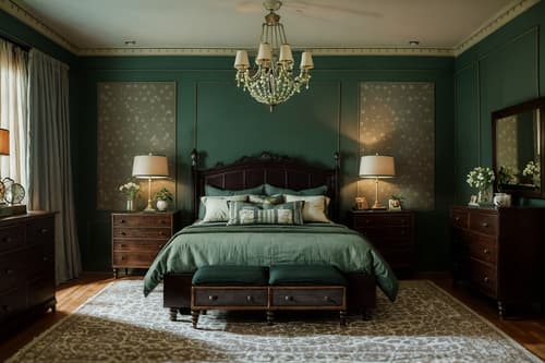 photo from pinterest of vintage-style interior designed (bedroom interior) with bedside table or night stand and plant and dresser closet and headboard and accent chair and mirror and storage bench or ottoman and night light. . with . . cinematic photo, highly detailed, cinematic lighting, ultra-detailed, ultrarealistic, photorealism, 8k. trending on pinterest. vintage interior design style. masterpiece, cinematic light, ultrarealistic+, photorealistic+, 8k, raw photo, realistic, sharp focus on eyes, (symmetrical eyes), (intact eyes), hyperrealistic, highest quality, best quality, , highly detailed, masterpiece, best quality, extremely detailed 8k wallpaper, masterpiece, best quality, ultra-detailed, best shadow, detailed background, detailed face, detailed eyes, high contrast, best illumination, detailed face, dulux, caustic, dynamic angle, detailed glow. dramatic lighting. highly detailed, insanely detailed hair, symmetrical, intricate details, professionally retouched, 8k high definition. strong bokeh. award winning photo.