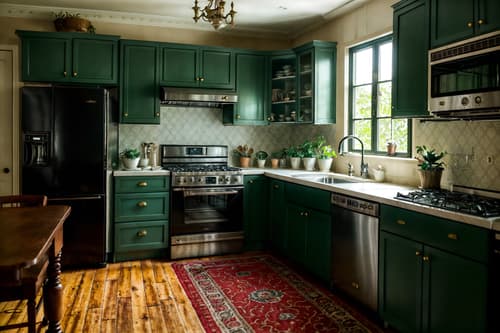 photo from pinterest of vintage-style interior designed (kitchen interior) with refrigerator and sink and stove and plant and worktops and kitchen cabinets and refrigerator. . with . . cinematic photo, highly detailed, cinematic lighting, ultra-detailed, ultrarealistic, photorealism, 8k. trending on pinterest. vintage interior design style. masterpiece, cinematic light, ultrarealistic+, photorealistic+, 8k, raw photo, realistic, sharp focus on eyes, (symmetrical eyes), (intact eyes), hyperrealistic, highest quality, best quality, , highly detailed, masterpiece, best quality, extremely detailed 8k wallpaper, masterpiece, best quality, ultra-detailed, best shadow, detailed background, detailed face, detailed eyes, high contrast, best illumination, detailed face, dulux, caustic, dynamic angle, detailed glow. dramatic lighting. highly detailed, insanely detailed hair, symmetrical, intricate details, professionally retouched, 8k high definition. strong bokeh. award winning photo.