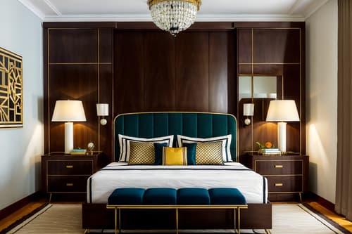 photo from pinterest of art deco-style interior designed (bedroom interior) with night light and accent chair and dresser closet and storage bench or ottoman and plant and bedside table or night stand and mirror and headboard. . with smooth lines and stream-lined forms and geometric shapes and bold geometry and rich colors and symmetrical designs and glamour and bright and cheerful colors. . cinematic photo, highly detailed, cinematic lighting, ultra-detailed, ultrarealistic, photorealism, 8k. trending on pinterest. art deco interior design style. masterpiece, cinematic light, ultrarealistic+, photorealistic+, 8k, raw photo, realistic, sharp focus on eyes, (symmetrical eyes), (intact eyes), hyperrealistic, highest quality, best quality, , highly detailed, masterpiece, best quality, extremely detailed 8k wallpaper, masterpiece, best quality, ultra-detailed, best shadow, detailed background, detailed face, detailed eyes, high contrast, best illumination, detailed face, dulux, caustic, dynamic angle, detailed glow. dramatic lighting. highly detailed, insanely detailed hair, symmetrical, intricate details, professionally retouched, 8k high definition. strong bokeh. award winning photo.