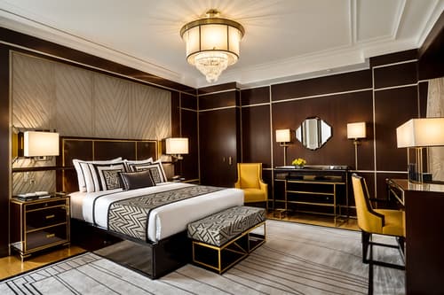 photo from pinterest of art deco-style interior designed (hotel room interior) with headboard and hotel bathroom and accent chair and storage bench or ottoman and bedside table or night stand and mirror and bed and working desk with desk chair. . with angular shapes and abstract patterns and geometric lines and luxury and stream-lined forms and exuberant shapes and symmetrical designs and bold geometry. . cinematic photo, highly detailed, cinematic lighting, ultra-detailed, ultrarealistic, photorealism, 8k. trending on pinterest. art deco interior design style. masterpiece, cinematic light, ultrarealistic+, photorealistic+, 8k, raw photo, realistic, sharp focus on eyes, (symmetrical eyes), (intact eyes), hyperrealistic, highest quality, best quality, , highly detailed, masterpiece, best quality, extremely detailed 8k wallpaper, masterpiece, best quality, ultra-detailed, best shadow, detailed background, detailed face, detailed eyes, high contrast, best illumination, detailed face, dulux, caustic, dynamic angle, detailed glow. dramatic lighting. highly detailed, insanely detailed hair, symmetrical, intricate details, professionally retouched, 8k high definition. strong bokeh. award winning photo.