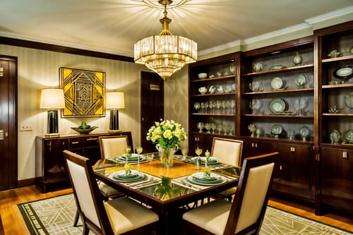photo from pinterest of art deco-style interior designed (dining room interior) with plant and dining table and bookshelves and light or chandelier and vase and painting or photo on wall and plates, cutlery and glasses on dining table and dining table chairs. . with geometric shapes and angular shapes and symmetrical designs and stream-lined forms and decadent detail and smooth lines and bold geometry and bright and cheerful colors. . cinematic photo, highly detailed, cinematic lighting, ultra-detailed, ultrarealistic, photorealism, 8k. trending on pinterest. art deco interior design style. masterpiece, cinematic light, ultrarealistic+, photorealistic+, 8k, raw photo, realistic, sharp focus on eyes, (symmetrical eyes), (intact eyes), hyperrealistic, highest quality, best quality, , highly detailed, masterpiece, best quality, extremely detailed 8k wallpaper, masterpiece, best quality, ultra-detailed, best shadow, detailed background, detailed face, detailed eyes, high contrast, best illumination, detailed face, dulux, caustic, dynamic angle, detailed glow. dramatic lighting. highly detailed, insanely detailed hair, symmetrical, intricate details, professionally retouched, 8k high definition. strong bokeh. award winning photo.