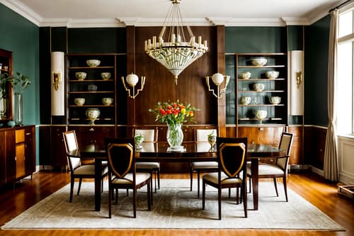 photo from pinterest of art deco-style interior designed (dining room interior) with plant and dining table and bookshelves and light or chandelier and vase and painting or photo on wall and plates, cutlery and glasses on dining table and dining table chairs. . with geometric shapes and angular shapes and symmetrical designs and stream-lined forms and decadent detail and smooth lines and bold geometry and bright and cheerful colors. . cinematic photo, highly detailed, cinematic lighting, ultra-detailed, ultrarealistic, photorealism, 8k. trending on pinterest. art deco interior design style. masterpiece, cinematic light, ultrarealistic+, photorealistic+, 8k, raw photo, realistic, sharp focus on eyes, (symmetrical eyes), (intact eyes), hyperrealistic, highest quality, best quality, , highly detailed, masterpiece, best quality, extremely detailed 8k wallpaper, masterpiece, best quality, ultra-detailed, best shadow, detailed background, detailed face, detailed eyes, high contrast, best illumination, detailed face, dulux, caustic, dynamic angle, detailed glow. dramatic lighting. highly detailed, insanely detailed hair, symmetrical, intricate details, professionally retouched, 8k high definition. strong bokeh. award winning photo.