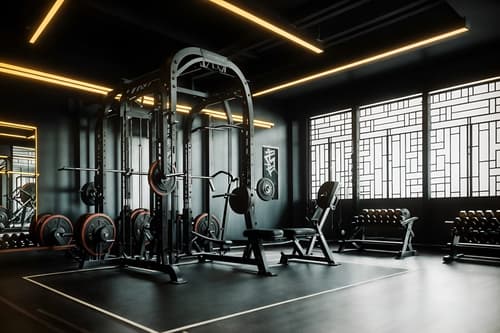 photo from pinterest of art deco-style interior designed (fitness gym interior) with squat rack and crosstrainer and dumbbell stand and bench press and exercise bicycle and squat rack. . with decadent detail and glamour and stream-lined forms and smooth lines and bold geometry and luxury and geometric lines and angular shapes. . cinematic photo, highly detailed, cinematic lighting, ultra-detailed, ultrarealistic, photorealism, 8k. trending on pinterest. art deco interior design style. masterpiece, cinematic light, ultrarealistic+, photorealistic+, 8k, raw photo, realistic, sharp focus on eyes, (symmetrical eyes), (intact eyes), hyperrealistic, highest quality, best quality, , highly detailed, masterpiece, best quality, extremely detailed 8k wallpaper, masterpiece, best quality, ultra-detailed, best shadow, detailed background, detailed face, detailed eyes, high contrast, best illumination, detailed face, dulux, caustic, dynamic angle, detailed glow. dramatic lighting. highly detailed, insanely detailed hair, symmetrical, intricate details, professionally retouched, 8k high definition. strong bokeh. award winning photo.