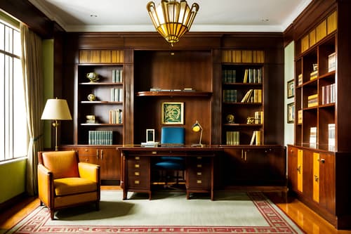 photo from pinterest of art deco-style interior designed (study room interior) with writing desk and cabinets and bookshelves and lounge chair and plant and office chair and desk lamp and writing desk. . with decadent detail and smooth lines and bright and cheerful colors and rich colors and symmetrical designs and stream-lined forms and bold geometry and angular shapes. . cinematic photo, highly detailed, cinematic lighting, ultra-detailed, ultrarealistic, photorealism, 8k. trending on pinterest. art deco interior design style. masterpiece, cinematic light, ultrarealistic+, photorealistic+, 8k, raw photo, realistic, sharp focus on eyes, (symmetrical eyes), (intact eyes), hyperrealistic, highest quality, best quality, , highly detailed, masterpiece, best quality, extremely detailed 8k wallpaper, masterpiece, best quality, ultra-detailed, best shadow, detailed background, detailed face, detailed eyes, high contrast, best illumination, detailed face, dulux, caustic, dynamic angle, detailed glow. dramatic lighting. highly detailed, insanely detailed hair, symmetrical, intricate details, professionally retouched, 8k high definition. strong bokeh. award winning photo.