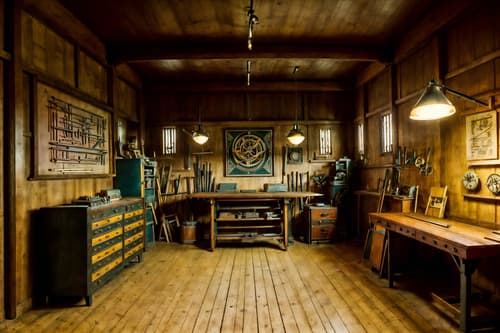 photo from pinterest of art deco-style interior designed (workshop interior) with wooden workbench and messy and tool wall and wooden workbench. . with smooth lines and decadent detail and angular shapes and luxury and exuberant shapes and glamour and stream-lined forms and symmetrical designs. . cinematic photo, highly detailed, cinematic lighting, ultra-detailed, ultrarealistic, photorealism, 8k. trending on pinterest. art deco interior design style. masterpiece, cinematic light, ultrarealistic+, photorealistic+, 8k, raw photo, realistic, sharp focus on eyes, (symmetrical eyes), (intact eyes), hyperrealistic, highest quality, best quality, , highly detailed, masterpiece, best quality, extremely detailed 8k wallpaper, masterpiece, best quality, ultra-detailed, best shadow, detailed background, detailed face, detailed eyes, high contrast, best illumination, detailed face, dulux, caustic, dynamic angle, detailed glow. dramatic lighting. highly detailed, insanely detailed hair, symmetrical, intricate details, professionally retouched, 8k high definition. strong bokeh. award winning photo.