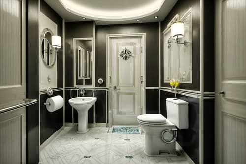 photo from pinterest of art deco-style interior designed (toilet interior) with toilet paper hanger and sink with tap and toilet with toilet seat up and toilet paper hanger. . with exuberant shapes and smooth lines and bold geometry and glamour and luxury and bright and cheerful colors and geometric shapes and symmetrical designs. . cinematic photo, highly detailed, cinematic lighting, ultra-detailed, ultrarealistic, photorealism, 8k. trending on pinterest. art deco interior design style. masterpiece, cinematic light, ultrarealistic+, photorealistic+, 8k, raw photo, realistic, sharp focus on eyes, (symmetrical eyes), (intact eyes), hyperrealistic, highest quality, best quality, , highly detailed, masterpiece, best quality, extremely detailed 8k wallpaper, masterpiece, best quality, ultra-detailed, best shadow, detailed background, detailed face, detailed eyes, high contrast, best illumination, detailed face, dulux, caustic, dynamic angle, detailed glow. dramatic lighting. highly detailed, insanely detailed hair, symmetrical, intricate details, professionally retouched, 8k high definition. strong bokeh. award winning photo.
