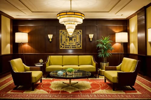 photo from pinterest of art deco-style interior designed (hotel lobby interior) with sofas and rug and lounge chairs and check in desk and plant and hanging lamps and coffee tables and furniture. . with stream-lined forms and bright and cheerful colors and abstract patterns and luxury and angular shapes and rich colors and smooth lines and symmetrical designs. . cinematic photo, highly detailed, cinematic lighting, ultra-detailed, ultrarealistic, photorealism, 8k. trending on pinterest. art deco interior design style. masterpiece, cinematic light, ultrarealistic+, photorealistic+, 8k, raw photo, realistic, sharp focus on eyes, (symmetrical eyes), (intact eyes), hyperrealistic, highest quality, best quality, , highly detailed, masterpiece, best quality, extremely detailed 8k wallpaper, masterpiece, best quality, ultra-detailed, best shadow, detailed background, detailed face, detailed eyes, high contrast, best illumination, detailed face, dulux, caustic, dynamic angle, detailed glow. dramatic lighting. highly detailed, insanely detailed hair, symmetrical, intricate details, professionally retouched, 8k high definition. strong bokeh. award winning photo.