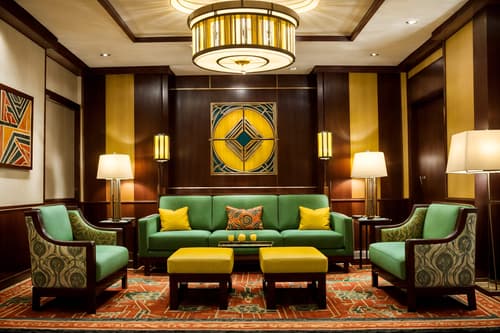 photo from pinterest of art deco-style interior designed (hotel lobby interior) with sofas and rug and lounge chairs and check in desk and plant and hanging lamps and coffee tables and furniture. . with stream-lined forms and bright and cheerful colors and abstract patterns and luxury and angular shapes and rich colors and smooth lines and symmetrical designs. . cinematic photo, highly detailed, cinematic lighting, ultra-detailed, ultrarealistic, photorealism, 8k. trending on pinterest. art deco interior design style. masterpiece, cinematic light, ultrarealistic+, photorealistic+, 8k, raw photo, realistic, sharp focus on eyes, (symmetrical eyes), (intact eyes), hyperrealistic, highest quality, best quality, , highly detailed, masterpiece, best quality, extremely detailed 8k wallpaper, masterpiece, best quality, ultra-detailed, best shadow, detailed background, detailed face, detailed eyes, high contrast, best illumination, detailed face, dulux, caustic, dynamic angle, detailed glow. dramatic lighting. highly detailed, insanely detailed hair, symmetrical, intricate details, professionally retouched, 8k high definition. strong bokeh. award winning photo.