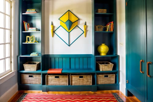 photo from pinterest of art deco-style interior designed (mudroom interior) with shelves for shoes and storage drawers and storage baskets and wall hooks for coats and high up storage and a bench and cabinets and cubbies. . with abstract patterns and exuberant shapes and stream-lined forms and bright and cheerful colors and bold geometry and glamour and angular shapes and geometric shapes. . cinematic photo, highly detailed, cinematic lighting, ultra-detailed, ultrarealistic, photorealism, 8k. trending on pinterest. art deco interior design style. masterpiece, cinematic light, ultrarealistic+, photorealistic+, 8k, raw photo, realistic, sharp focus on eyes, (symmetrical eyes), (intact eyes), hyperrealistic, highest quality, best quality, , highly detailed, masterpiece, best quality, extremely detailed 8k wallpaper, masterpiece, best quality, ultra-detailed, best shadow, detailed background, detailed face, detailed eyes, high contrast, best illumination, detailed face, dulux, caustic, dynamic angle, detailed glow. dramatic lighting. highly detailed, insanely detailed hair, symmetrical, intricate details, professionally retouched, 8k high definition. strong bokeh. award winning photo.