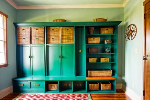 photo from pinterest of art deco-style interior designed (mudroom interior) with shelves for shoes and storage drawers and storage baskets and wall hooks for coats and high up storage and a bench and cabinets and cubbies. . with abstract patterns and exuberant shapes and stream-lined forms and bright and cheerful colors and bold geometry and glamour and angular shapes and geometric shapes. . cinematic photo, highly detailed, cinematic lighting, ultra-detailed, ultrarealistic, photorealism, 8k. trending on pinterest. art deco interior design style. masterpiece, cinematic light, ultrarealistic+, photorealistic+, 8k, raw photo, realistic, sharp focus on eyes, (symmetrical eyes), (intact eyes), hyperrealistic, highest quality, best quality, , highly detailed, masterpiece, best quality, extremely detailed 8k wallpaper, masterpiece, best quality, ultra-detailed, best shadow, detailed background, detailed face, detailed eyes, high contrast, best illumination, detailed face, dulux, caustic, dynamic angle, detailed glow. dramatic lighting. highly detailed, insanely detailed hair, symmetrical, intricate details, professionally retouched, 8k high definition. strong bokeh. award winning photo.