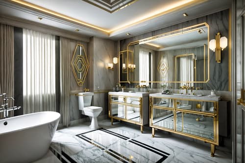 photo from pinterest of art deco-style interior designed (hotel bathroom interior) with mirror and bathroom sink with faucet and waste basket and bath rail and bathroom cabinet and shower and toilet seat and bath towel. . with angular shapes and glamour and luxury and geometric shapes and geometric lines and smooth lines and exuberant shapes and abstract patterns. . cinematic photo, highly detailed, cinematic lighting, ultra-detailed, ultrarealistic, photorealism, 8k. trending on pinterest. art deco interior design style. masterpiece, cinematic light, ultrarealistic+, photorealistic+, 8k, raw photo, realistic, sharp focus on eyes, (symmetrical eyes), (intact eyes), hyperrealistic, highest quality, best quality, , highly detailed, masterpiece, best quality, extremely detailed 8k wallpaper, masterpiece, best quality, ultra-detailed, best shadow, detailed background, detailed face, detailed eyes, high contrast, best illumination, detailed face, dulux, caustic, dynamic angle, detailed glow. dramatic lighting. highly detailed, insanely detailed hair, symmetrical, intricate details, professionally retouched, 8k high definition. strong bokeh. award winning photo.