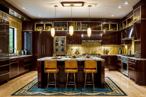 photo from pinterest of art deco-style interior designed (kitchen living combo interior) with kitchen cabinets and stove and bookshelves and televisions and rug and chairs and sink and furniture. . with bold geometry and abstract patterns and luxury and rich colors and glamour and decadent detail and angular shapes and symmetrical designs. . cinematic photo, highly detailed, cinematic lighting, ultra-detailed, ultrarealistic, photorealism, 8k. trending on pinterest. art deco interior design style. masterpiece, cinematic light, ultrarealistic+, photorealistic+, 8k, raw photo, realistic, sharp focus on eyes, (symmetrical eyes), (intact eyes), hyperrealistic, highest quality, best quality, , highly detailed, masterpiece, best quality, extremely detailed 8k wallpaper, masterpiece, best quality, ultra-detailed, best shadow, detailed background, detailed face, detailed eyes, high contrast, best illumination, detailed face, dulux, caustic, dynamic angle, detailed glow. dramatic lighting. highly detailed, insanely detailed hair, symmetrical, intricate details, professionally retouched, 8k high definition. strong bokeh. award winning photo.