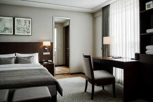 photo from pinterest of simple-style interior designed (hotel room interior) with mirror and hotel bathroom and accent chair and headboard and dresser closet and storage bench or ottoman and night light and working desk with desk chair. . . cinematic photo, highly detailed, cinematic lighting, ultra-detailed, ultrarealistic, photorealism, 8k. trending on pinterest. simple interior design style. masterpiece, cinematic light, ultrarealistic+, photorealistic+, 8k, raw photo, realistic, sharp focus on eyes, (symmetrical eyes), (intact eyes), hyperrealistic, highest quality, best quality, , highly detailed, masterpiece, best quality, extremely detailed 8k wallpaper, masterpiece, best quality, ultra-detailed, best shadow, detailed background, detailed face, detailed eyes, high contrast, best illumination, detailed face, dulux, caustic, dynamic angle, detailed glow. dramatic lighting. highly detailed, insanely detailed hair, symmetrical, intricate details, professionally retouched, 8k high definition. strong bokeh. award winning photo.