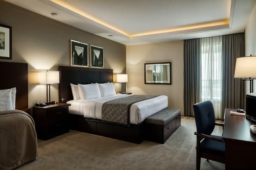 photo from pinterest of simple-style interior designed (hotel room interior) with mirror and hotel bathroom and accent chair and headboard and dresser closet and storage bench or ottoman and night light and working desk with desk chair. . . cinematic photo, highly detailed, cinematic lighting, ultra-detailed, ultrarealistic, photorealism, 8k. trending on pinterest. simple interior design style. masterpiece, cinematic light, ultrarealistic+, photorealistic+, 8k, raw photo, realistic, sharp focus on eyes, (symmetrical eyes), (intact eyes), hyperrealistic, highest quality, best quality, , highly detailed, masterpiece, best quality, extremely detailed 8k wallpaper, masterpiece, best quality, ultra-detailed, best shadow, detailed background, detailed face, detailed eyes, high contrast, best illumination, detailed face, dulux, caustic, dynamic angle, detailed glow. dramatic lighting. highly detailed, insanely detailed hair, symmetrical, intricate details, professionally retouched, 8k high definition. strong bokeh. award winning photo.