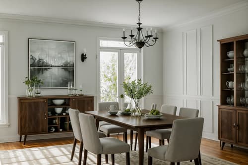 photo from pinterest of simple-style interior designed (dining room interior) with plates, cutlery and glasses on dining table and bookshelves and dining table and painting or photo on wall and vase and plant and light or chandelier and table cloth. . . cinematic photo, highly detailed, cinematic lighting, ultra-detailed, ultrarealistic, photorealism, 8k. trending on pinterest. simple interior design style. masterpiece, cinematic light, ultrarealistic+, photorealistic+, 8k, raw photo, realistic, sharp focus on eyes, (symmetrical eyes), (intact eyes), hyperrealistic, highest quality, best quality, , highly detailed, masterpiece, best quality, extremely detailed 8k wallpaper, masterpiece, best quality, ultra-detailed, best shadow, detailed background, detailed face, detailed eyes, high contrast, best illumination, detailed face, dulux, caustic, dynamic angle, detailed glow. dramatic lighting. highly detailed, insanely detailed hair, symmetrical, intricate details, professionally retouched, 8k high definition. strong bokeh. award winning photo.