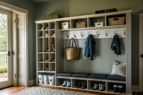 photo from pinterest of simple-style interior designed (mudroom interior) with cubbies and storage baskets and wall hooks for coats and a bench and shelves for shoes and high up storage and cabinets and storage drawers. . . cinematic photo, highly detailed, cinematic lighting, ultra-detailed, ultrarealistic, photorealism, 8k. trending on pinterest. simple interior design style. masterpiece, cinematic light, ultrarealistic+, photorealistic+, 8k, raw photo, realistic, sharp focus on eyes, (symmetrical eyes), (intact eyes), hyperrealistic, highest quality, best quality, , highly detailed, masterpiece, best quality, extremely detailed 8k wallpaper, masterpiece, best quality, ultra-detailed, best shadow, detailed background, detailed face, detailed eyes, high contrast, best illumination, detailed face, dulux, caustic, dynamic angle, detailed glow. dramatic lighting. highly detailed, insanely detailed hair, symmetrical, intricate details, professionally retouched, 8k high definition. strong bokeh. award winning photo.