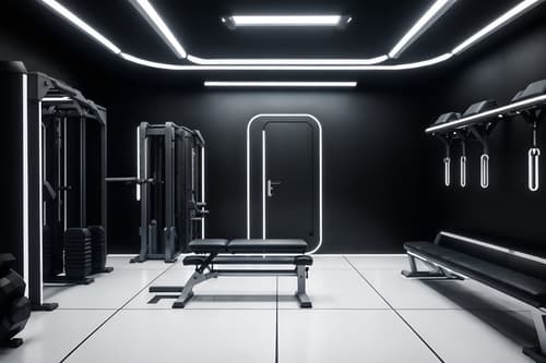 photo from pinterest of futuristic-style interior designed (fitness gym interior) with dumbbell stand and exercise bicycle and crosstrainer and bench press and squat rack and dumbbell stand. . with futurism minimalist interior and spaceship interior and monochromatic palette and floating surfaces and steel finishing and futuristic interior and minimalist clean lines and strong geometric walls. . cinematic photo, highly detailed, cinematic lighting, ultra-detailed, ultrarealistic, photorealism, 8k. trending on pinterest. futuristic interior design style. masterpiece, cinematic light, ultrarealistic+, photorealistic+, 8k, raw photo, realistic, sharp focus on eyes, (symmetrical eyes), (intact eyes), hyperrealistic, highest quality, best quality, , highly detailed, masterpiece, best quality, extremely detailed 8k wallpaper, masterpiece, best quality, ultra-detailed, best shadow, detailed background, detailed face, detailed eyes, high contrast, best illumination, detailed face, dulux, caustic, dynamic angle, detailed glow. dramatic lighting. highly detailed, insanely detailed hair, symmetrical, intricate details, professionally retouched, 8k high definition. strong bokeh. award winning photo.