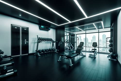 photo from pinterest of futuristic-style interior designed (fitness gym interior) with dumbbell stand and exercise bicycle and crosstrainer and bench press and squat rack and dumbbell stand. . with futurism minimalist interior and spaceship interior and monochromatic palette and floating surfaces and steel finishing and futuristic interior and minimalist clean lines and strong geometric walls. . cinematic photo, highly detailed, cinematic lighting, ultra-detailed, ultrarealistic, photorealism, 8k. trending on pinterest. futuristic interior design style. masterpiece, cinematic light, ultrarealistic+, photorealistic+, 8k, raw photo, realistic, sharp focus on eyes, (symmetrical eyes), (intact eyes), hyperrealistic, highest quality, best quality, , highly detailed, masterpiece, best quality, extremely detailed 8k wallpaper, masterpiece, best quality, ultra-detailed, best shadow, detailed background, detailed face, detailed eyes, high contrast, best illumination, detailed face, dulux, caustic, dynamic angle, detailed glow. dramatic lighting. highly detailed, insanely detailed hair, symmetrical, intricate details, professionally retouched, 8k high definition. strong bokeh. award winning photo.