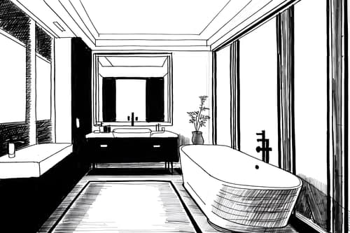(hand-drawn monochrome black and white sketch line drawing)++ of sketch-style interior designed (hotel bathroom) apartment interior. a sketch of interior. with . . a sketch of interior. with bathroom cabinet and bathtub and mirror. trending on artstation. black and white line drawing sketch without colors. masterpiece, cinematic light, ultrarealistic+, photorealistic+, 8k, raw photo, realistic, sharp focus on eyes, (symmetrical eyes), (intact eyes), hyperrealistic, highest quality, best quality, , highly detailed, masterpiece, best quality, extremely detailed 8k wallpaper, masterpiece, best quality, ultra-detailed, best shadow, detailed background, detailed face, detailed eyes, high contrast, best illumination, detailed face, dulux, caustic, dynamic angle, detailed glow. dramatic lighting. highly detailed, insanely detailed hair, symmetrical, intricate details, professionally retouched, 8k high definition. strong bokeh. award winning photo.