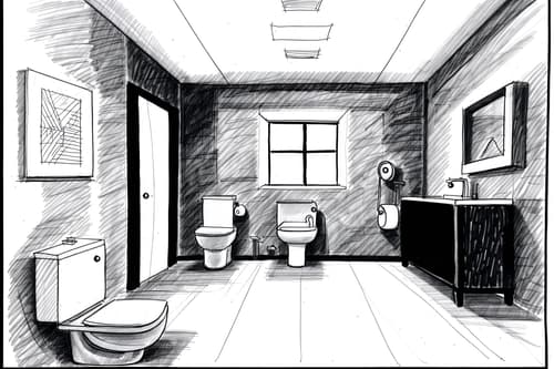 (hand-drawn monochrome black and white sketch line drawing)++ of sketch-style interior designed (toilet) apartment interior. a sketch of interior. with . . a sketch of interior. with sink with tap and toilet with toilet seat up and toilet paper hanger. trending on artstation. black and white line drawing sketch without colors. masterpiece, cinematic light, ultrarealistic+, photorealistic+, 8k, raw photo, realistic, sharp focus on eyes, (symmetrical eyes), (intact eyes), hyperrealistic, highest quality, best quality, , highly detailed, masterpiece, best quality, extremely detailed 8k wallpaper, masterpiece, best quality, ultra-detailed, best shadow, detailed background, detailed face, detailed eyes, high contrast, best illumination, detailed face, dulux, caustic, dynamic angle, detailed glow. dramatic lighting. highly detailed, insanely detailed hair, symmetrical, intricate details, professionally retouched, 8k high definition. strong bokeh. award winning photo.