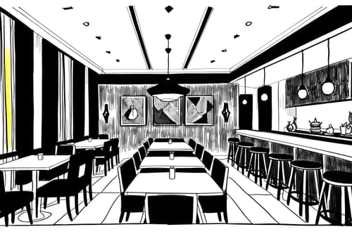 (hand-drawn monochrome black and white sketch line drawing)++ of sketch-style interior designed (restaurant) apartment interior. a sketch of interior. with . . a sketch of interior. with restaurant dining tables and restaurant bar and restaurant decor. trending on artstation. black and white line drawing sketch without colors. masterpiece, cinematic light, ultrarealistic+, photorealistic+, 8k, raw photo, realistic, sharp focus on eyes, (symmetrical eyes), (intact eyes), hyperrealistic, highest quality, best quality, , highly detailed, masterpiece, best quality, extremely detailed 8k wallpaper, masterpiece, best quality, ultra-detailed, best shadow, detailed background, detailed face, detailed eyes, high contrast, best illumination, detailed face, dulux, caustic, dynamic angle, detailed glow. dramatic lighting. highly detailed, insanely detailed hair, symmetrical, intricate details, professionally retouched, 8k high definition. strong bokeh. award winning photo.