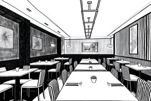 (hand-drawn monochrome black and white sketch line drawing)++ of sketch-style interior designed (restaurant) apartment interior. a sketch of interior. with . . a sketch of interior. with restaurant dining tables and restaurant bar and restaurant decor. trending on artstation. black and white line drawing sketch without colors. masterpiece, cinematic light, ultrarealistic+, photorealistic+, 8k, raw photo, realistic, sharp focus on eyes, (symmetrical eyes), (intact eyes), hyperrealistic, highest quality, best quality, , highly detailed, masterpiece, best quality, extremely detailed 8k wallpaper, masterpiece, best quality, ultra-detailed, best shadow, detailed background, detailed face, detailed eyes, high contrast, best illumination, detailed face, dulux, caustic, dynamic angle, detailed glow. dramatic lighting. highly detailed, insanely detailed hair, symmetrical, intricate details, professionally retouched, 8k high definition. strong bokeh. award winning photo.