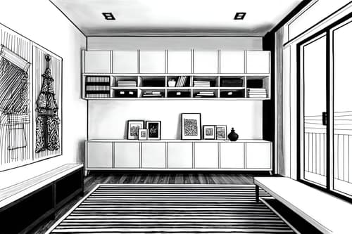 (hand-drawn monochrome black and white sketch line drawing)++ of sketch-style interior designed (mudroom) apartment interior. a sketch of interior. with . . a sketch of interior. with a bench and storage drawers and shelves for shoes. trending on artstation. black and white line drawing sketch without colors. masterpiece, cinematic light, ultrarealistic+, photorealistic+, 8k, raw photo, realistic, sharp focus on eyes, (symmetrical eyes), (intact eyes), hyperrealistic, highest quality, best quality, , highly detailed, masterpiece, best quality, extremely detailed 8k wallpaper, masterpiece, best quality, ultra-detailed, best shadow, detailed background, detailed face, detailed eyes, high contrast, best illumination, detailed face, dulux, caustic, dynamic angle, detailed glow. dramatic lighting. highly detailed, insanely detailed hair, symmetrical, intricate details, professionally retouched, 8k high definition. strong bokeh. award winning photo.