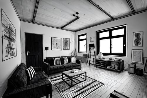 (hand-drawn monochrome black and white sketch line drawing)++ of sketch-style interior designed (workshop) apartment interior. a sketch of interior. with . . a sketch of interior. with tool wall and messy and wooden workbench. trending on artstation. black and white line drawing sketch without colors. masterpiece, cinematic light, ultrarealistic+, photorealistic+, 8k, raw photo, realistic, sharp focus on eyes, (symmetrical eyes), (intact eyes), hyperrealistic, highest quality, best quality, , highly detailed, masterpiece, best quality, extremely detailed 8k wallpaper, masterpiece, best quality, ultra-detailed, best shadow, detailed background, detailed face, detailed eyes, high contrast, best illumination, detailed face, dulux, caustic, dynamic angle, detailed glow. dramatic lighting. highly detailed, insanely detailed hair, symmetrical, intricate details, professionally retouched, 8k high definition. strong bokeh. award winning photo.