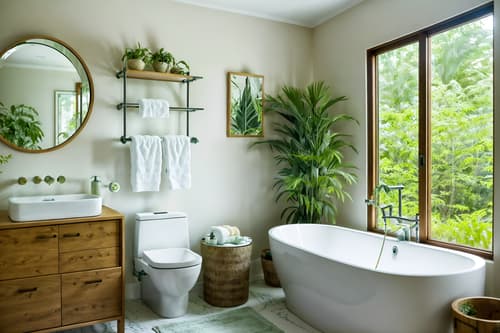 photo from pinterest of biophilic-style interior designed (bathroom interior) with bathroom cabinet and bath rail and mirror and toilet seat and bath towel and plant and bathroom sink with faucet and shower. . with features of the natural world and linen materials and images of animals and natural environment and earthy colors and natural elements and natural shapes and forms and calming style. . cinematic photo, highly detailed, cinematic lighting, ultra-detailed, ultrarealistic, photorealism, 8k. trending on pinterest. biophilic interior design style. masterpiece, cinematic light, ultrarealistic+, photorealistic+, 8k, raw photo, realistic, sharp focus on eyes, (symmetrical eyes), (intact eyes), hyperrealistic, highest quality, best quality, , highly detailed, masterpiece, best quality, extremely detailed 8k wallpaper, masterpiece, best quality, ultra-detailed, best shadow, detailed background, detailed face, detailed eyes, high contrast, best illumination, detailed face, dulux, caustic, dynamic angle, detailed glow. dramatic lighting. highly detailed, insanely detailed hair, symmetrical, intricate details, professionally retouched, 8k high definition. strong bokeh. award winning photo.
