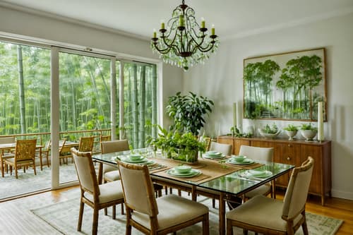 photo from pinterest of biophilic-style interior designed (dining room interior) with light or chandelier and vase and table cloth and bookshelves and plant and dining table chairs and plates, cutlery and glasses on dining table and painting or photo on wall. . with images of animals and features of the natural world and calming style and fresh air and plants and natural environment and natural elements and bamboo materials. . cinematic photo, highly detailed, cinematic lighting, ultra-detailed, ultrarealistic, photorealism, 8k. trending on pinterest. biophilic interior design style. masterpiece, cinematic light, ultrarealistic+, photorealistic+, 8k, raw photo, realistic, sharp focus on eyes, (symmetrical eyes), (intact eyes), hyperrealistic, highest quality, best quality, , highly detailed, masterpiece, best quality, extremely detailed 8k wallpaper, masterpiece, best quality, ultra-detailed, best shadow, detailed background, detailed face, detailed eyes, high contrast, best illumination, detailed face, dulux, caustic, dynamic angle, detailed glow. dramatic lighting. highly detailed, insanely detailed hair, symmetrical, intricate details, professionally retouched, 8k high definition. strong bokeh. award winning photo.